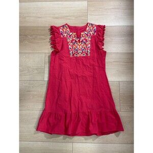 Embroidered Mexican-Style Dress Tunic Girls' Size M Pink Pom Pom Flutter Sleeves